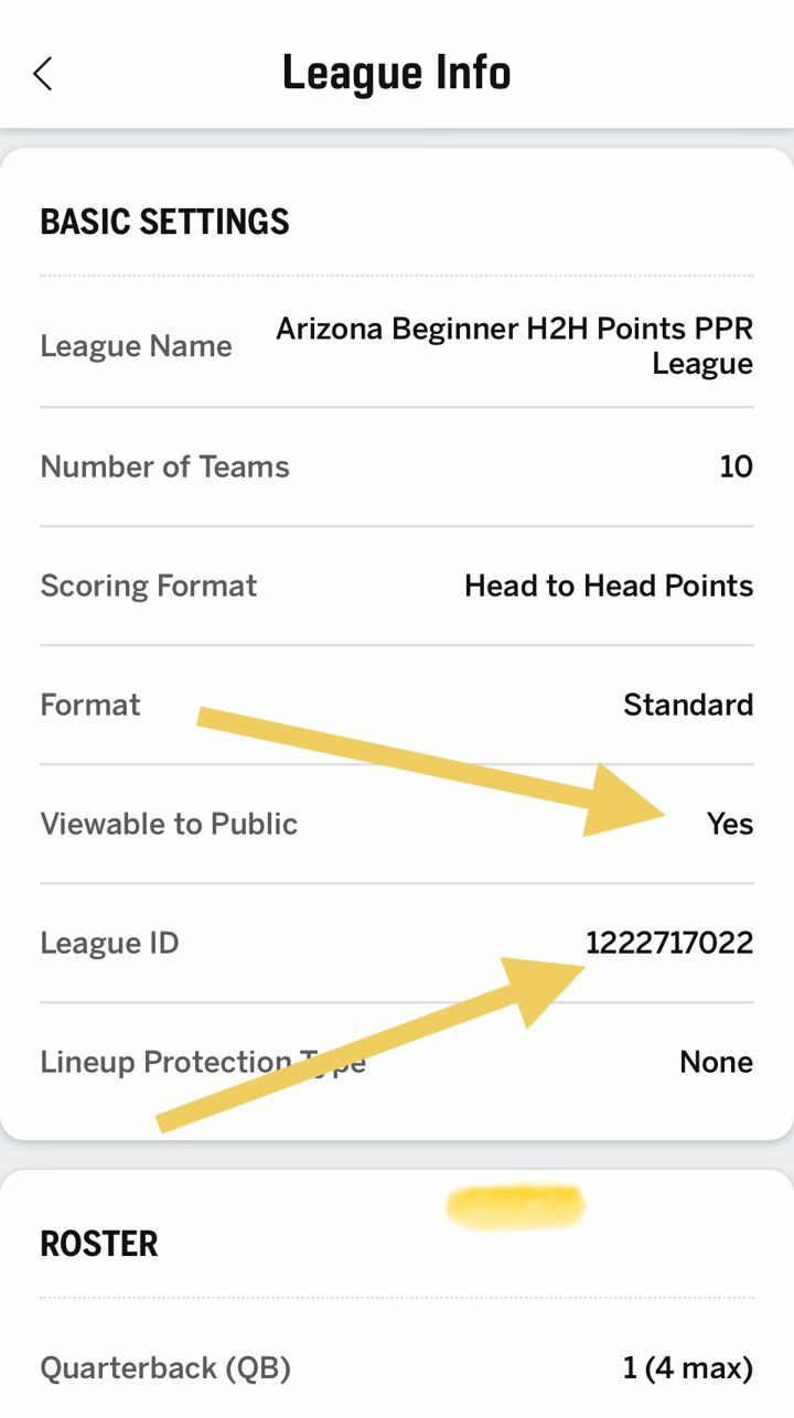 ESPN app: League Info, with Viewable to Public set to Yes and the League ID