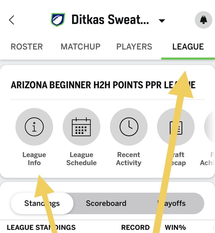 ESPN app: the LEAGUE tab, then League Info